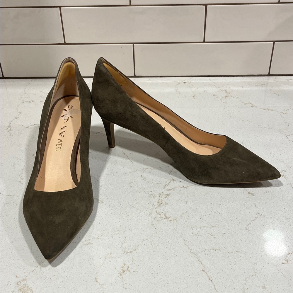 Nine West Olive Green Suede Pointed-Toe Heels